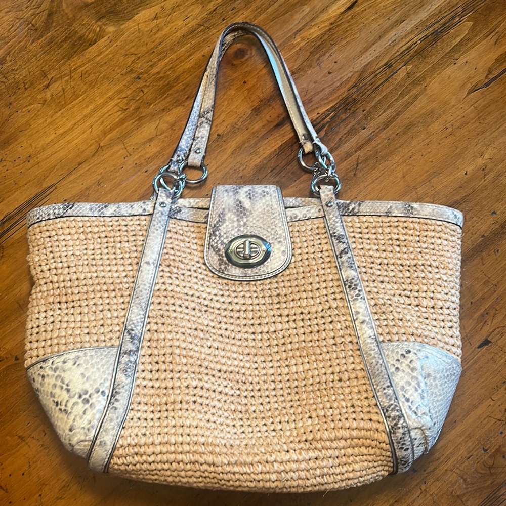 Coach Hampton Straw Snakeskin Tote